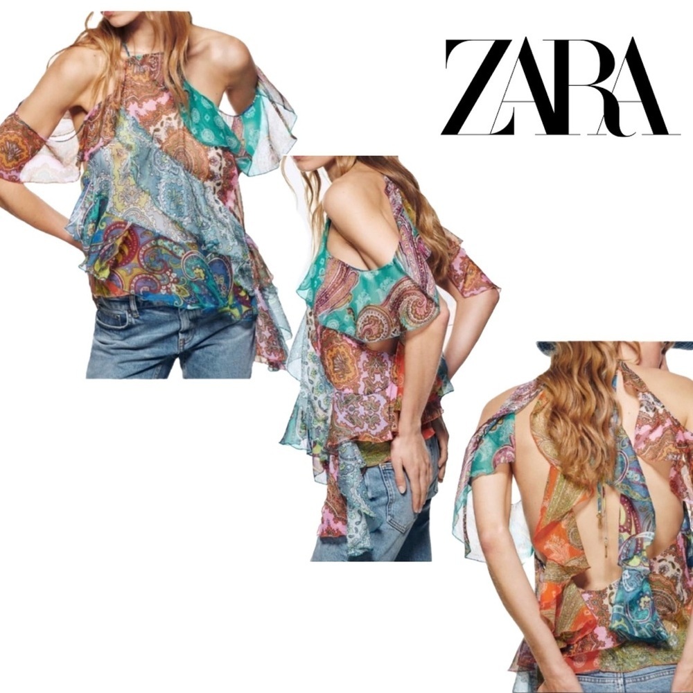 Zara patchwork ruffle frill off the shoulder asymmetrical halter top blouse XS